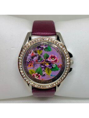 Women’s floral dial watch silver gold tone quartz 39mm purple leather running